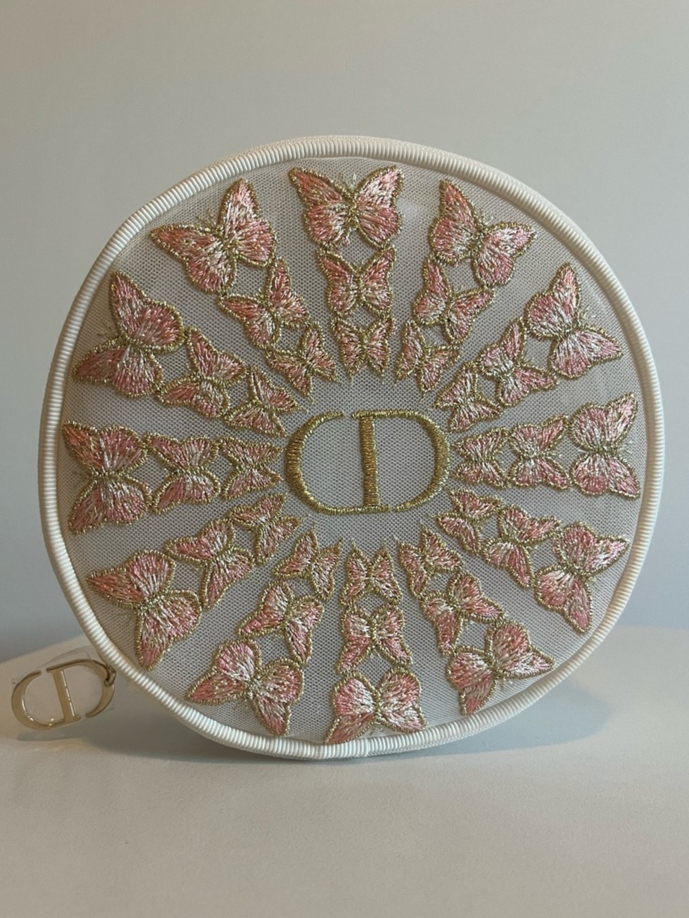 Authentic Dior Beauty Pink & Gold Embroidered Butterfly Round Mesh Makeup Pouch - Picture 6 of 10